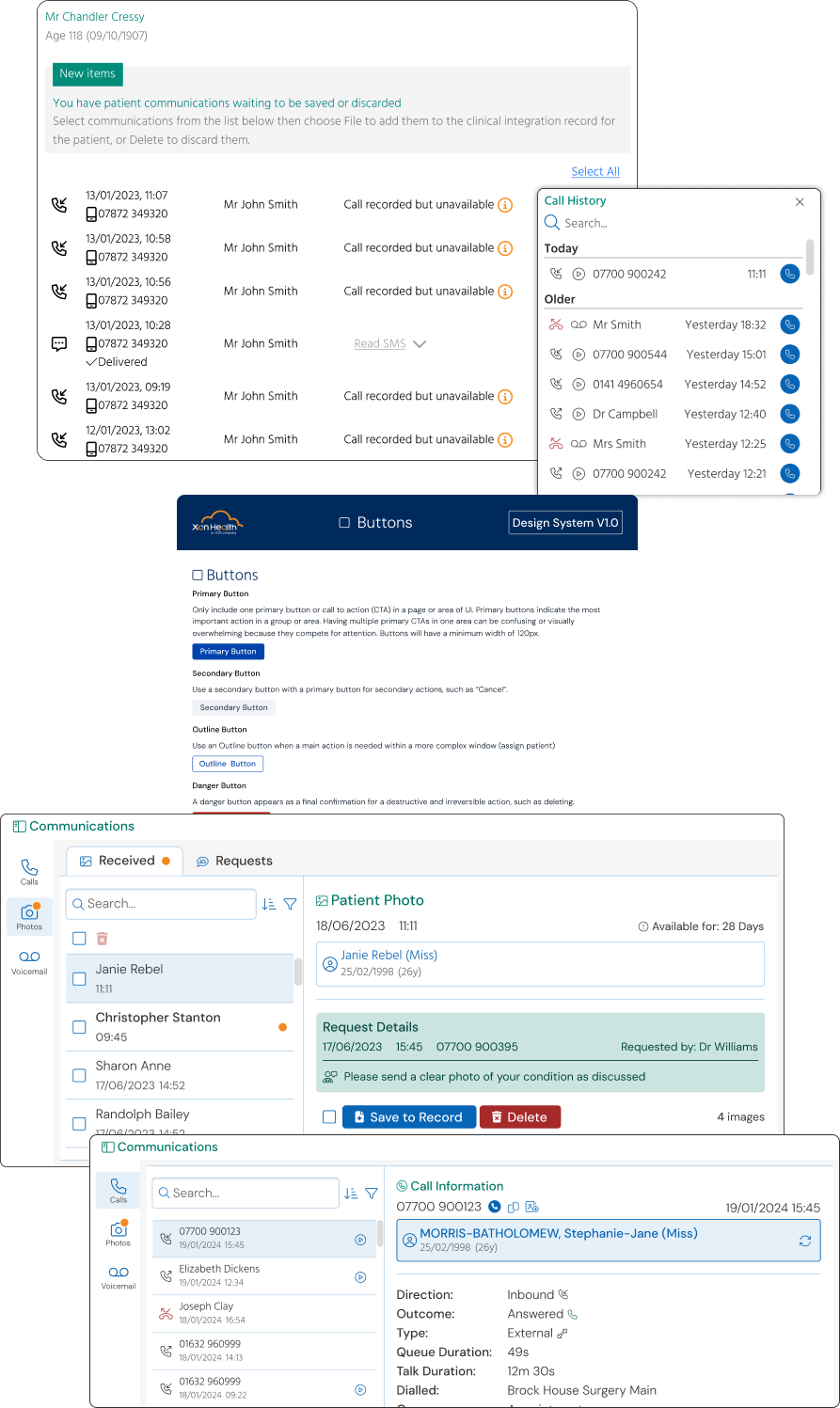 Surgery Connect communications and patient record screens, and the design system's button component guidelines