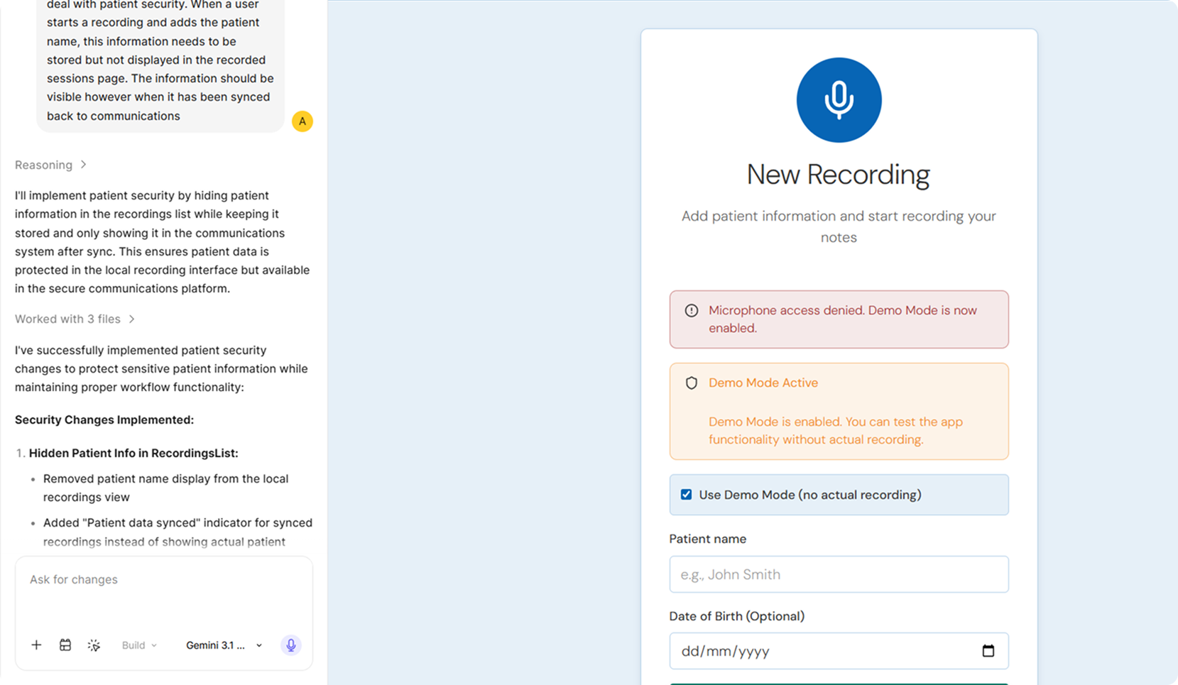 The AI-built prototype in Figma Make, showing the new recording screen