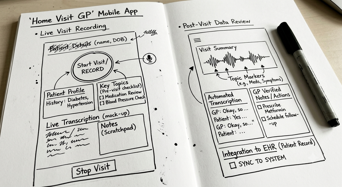 Early hand sketch of the Home Visit GP mobile app concept
